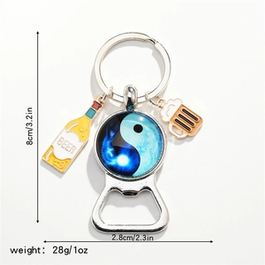 Retro Bagua bottle opener keychain with beer charms measuring 8cm length and 28g weight
