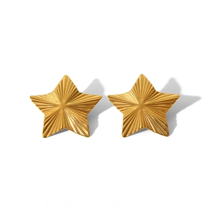 Golden star stud earrings with radial textured finish in a minimalist stainless steel style
