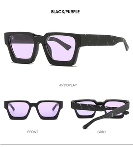 Classic square sunglasses with black frames and purple lenses showing multi-angle details