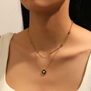 Collier Double Couche Acier Inoxydable Femmes Plqué Or 18K Pendentif Coeur Chaîne Serpent Perles Bijoux Tendance Élégants