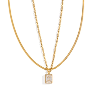 Elegant 18K gold plated stainless steel double layer necklace with square zircon pendant