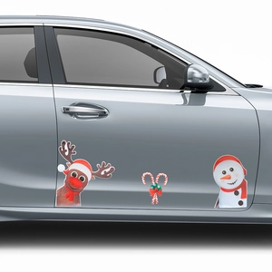 Detail of magnetic Christmas car decals featuring reindeer and snowman on a silver door