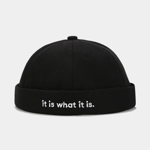Black retro sailor brimless cap with white 'it is what it is' letter embroidery