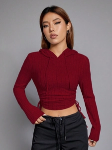 Women's burgundy slim fit cropped hoodie with ribbed texture and waist tie detailing