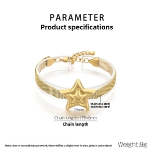 Detail of gold stainless steel mesh bracelet with 28mm star charm and adjustable clasp