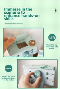 Detail of wooden coffee machine toy showing mint green lid and control panel