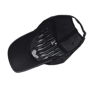 Detail of washed cotton baseball cap with adjustable metal buckle and inner support
