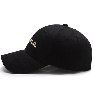 Classic black cotton baseball cap with golden embroidery on curved brim sun hat