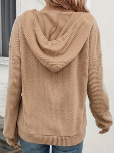 Women's ribbed knit hoodie in camel featuring long sleeves and cozy hood back view