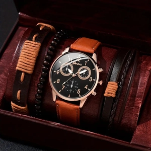 Men's quartz watch and beaded bracelet set displayed in a brown suede gift box