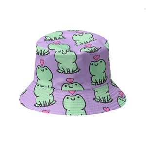 Cute Frog Print Bucket Hat Polyester Sun Protection Summer Outdoor Cartoon Animal Pattern For Women Girls