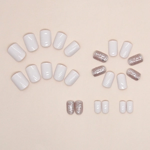 Short square press-on nails in creamy white and shimmering grey-purple 24pcs set