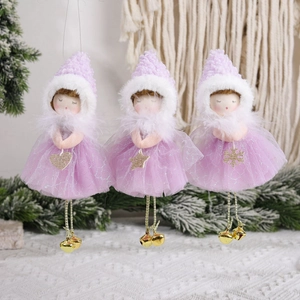 Christmas Angel Plush Girl Hanging Ornaments Mesh Skirt Knit Hat Metal Bells Xmas Tree Fairy Decor Cute Purple