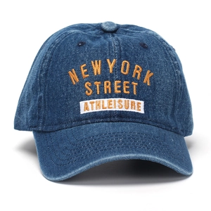 Denim blue baseball cap with New York street athleisure embroidery on a white background