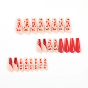 Red heart patterned long coffin press-on nails set with red glitter and matte finish