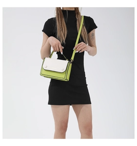 Contrast color handbag in mint green and white with 2D cartoon style and metal accents