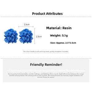 Detailed specs of blue resin flower stud earrings with 925 silver needle and dimensions
