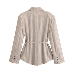 Detail view of beige pinstripe blazer back featuring a slender waist belt and button cuffs
