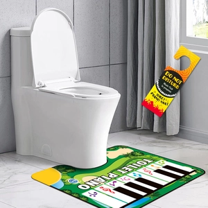 Detail view of the toilet piano mat and 'Do Not Disturb' door sign in a bathroom setting