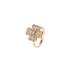 Micro-pave zircon rotating flower ring with four-petal heart design in golden finish