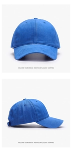Detail view showing blue cotton baseball cap with adjustable metal buckle and curved brim