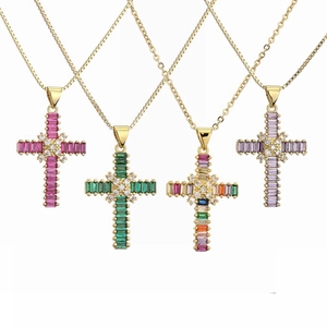 Cross Pendant Necklace Copper Gold Plated With Colorful Cubic Zirconia Religious Fashion Jewelry For Women And Men