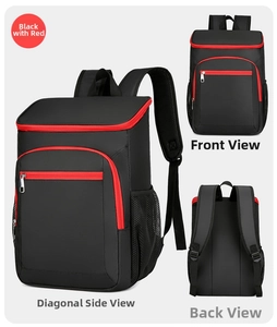 Front, back, and side views of a waterproof outdoor backpack with mesh pockets