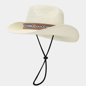 Detail of bohemian straw sun hat featuring colorful ethnic band and adjustable wind rope