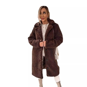 Women's brown long teddy plush coat with lapel collar and single-breasted buttons