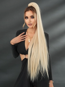 Detailed view of 40 inch extra long blonde straight ponytail hair extension on model