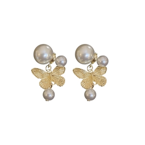French vintage butterfly earrings with gold plating and dangling imitation pearls