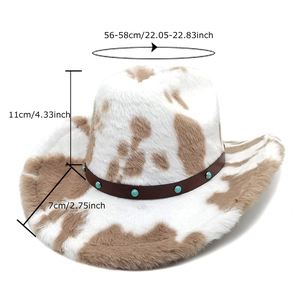 Western cow print cowboy hat with plush texture, leather band and turquoise studs