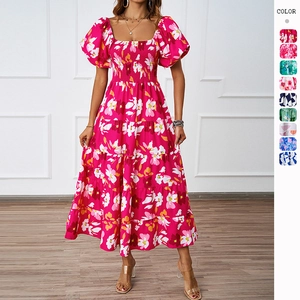 Vestito Maxi Floreale Arricciato Poliestere Spalle Scoperte Maniche A Sbuffo A Balze Estate Per Donne