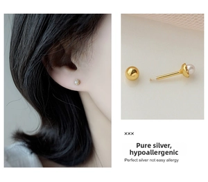 Macro detail of sterling silver pearl screw-back stud earrings for sensitive ears