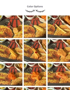 Detailed grid view of assorted PVC fried chicken and french fries food keychains