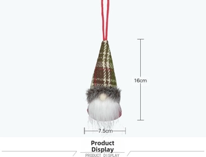 Detail view of 16cm Christmas gnome ornament with green plaid hat and white beard