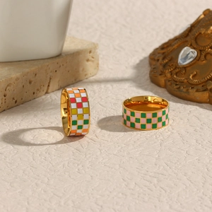 Polished 18K gold plated stainless steel rings with colorful enamel checkerboard patterns