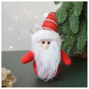 Detail view of a knitted Santa Claus plush ornament with a soft white beard and hanging string