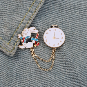 Cartoon Rabbit Pocket Watch Chain Brooch Pin Alloy Enamel Lapel Pins Wonderland Fairytale Theme Jewelry Accessory For Women Men