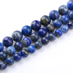 Polished natural blue lapis lazuli round beads with golden pyrite spots for DIY jewelry