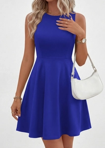 Detail of royal blue sleeveless A-line dress with a crew neck and slim fit design