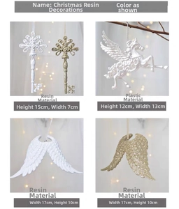 Detailed view of resin Christmas unicorn, wings, and vintage key ornaments with sizes