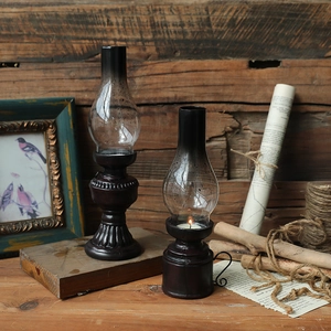 Retro Kerosene Lamp Candle Holder Vintage Resin Base Gradient Glass Shade Nostalgic Home Decor Candlestick