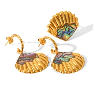 Golden shell jewelry set featuring abalone inlay ring and earrings on white background