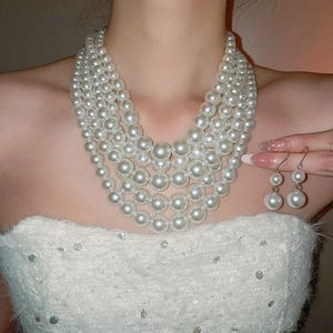 Detail of multi-layer pearl necklace and matching earrings on a female model