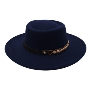 Detail of navy wool felt fedora featuring a woven band with a gold diamond buckle