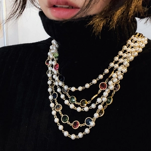Vintage multi-layer pearl and colorful crystal bead necklace with gold-tone chain