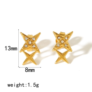 Detail view of gold star stud earrings with zirconia, showing 13mm size and 1.5g weight