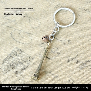 Detailed view of Canton Tower alloy keychain in bronze finish with a small bell