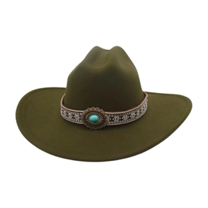 Detail of olive green cowboy hat featuring ethnic band with turquoise stone and metal carving